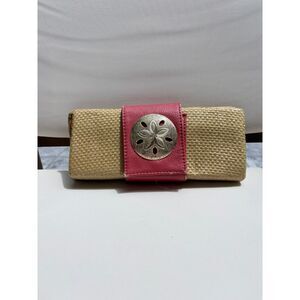 Mud Pie Woven Straw Clutch Wallet Pink Faux Leather Sand Dollar Accent